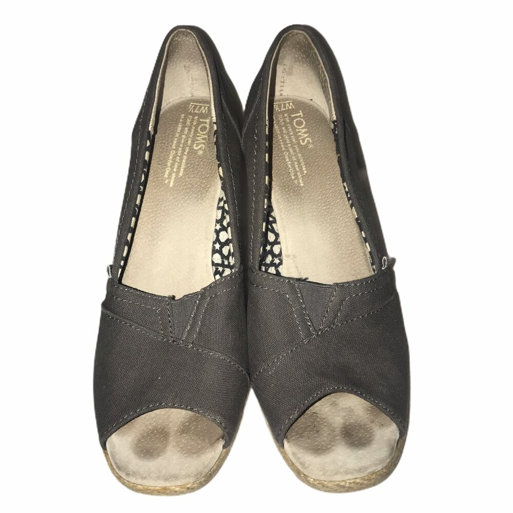 Toms Canvas Peep Espadrille Wedges Womens 7.5 Gray Work Dance Wedding - Picture 2 of 9